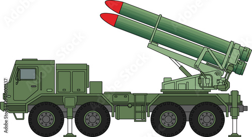 Detailed side elevation vector illustration of a mobile ballistic missile launcher vehicle featuring dual red tipped missiles and hydraulic stabilizers.