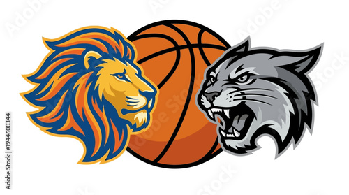 A fierce lion and a snarling bobcat face off in front of a basketball, symbolizing a sports rivalry.