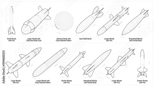 Comprehensive technical vector catalog of ballistic missiles rockets and bombs featuring detailed engineering annotations and diverse aerodynamic designs.