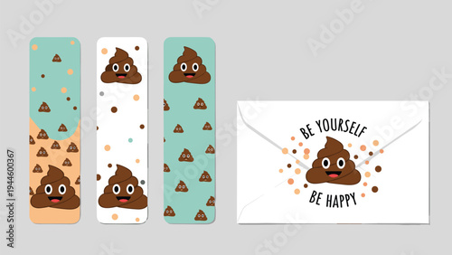Fun stationery set featuring cute poop emojis including bookmarks and an envelope with a positive message about happiness.