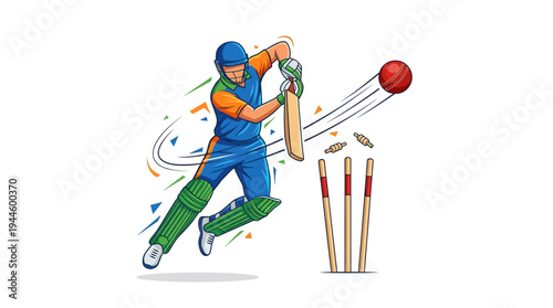 A dynamic illustration of a cricket player in action, hitting a ball towards the wickets.