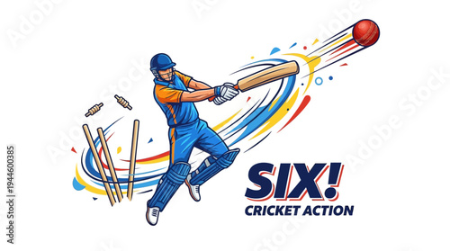 A dynamic illustration of a cricket player hitting a powerful six, with the ball soaring through the air amidst colorful streaks and broken stumps.