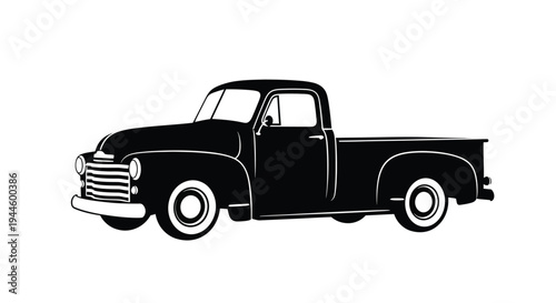 Vintage pickup truck illustration in black and white side view depiction