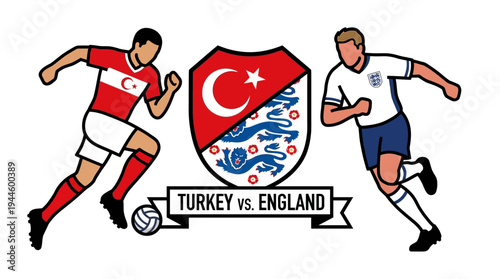 Illustration of a soccer match between Turkey and England, featuring national emblems and players in action.