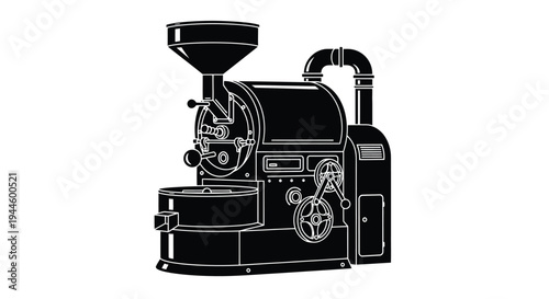 Detailed illustration of a classic coffee roasting machine in black and white