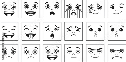 Cartoon facial expressions illustration set, black and white emotional faces, happiness, sadness, anger, surprise, educational emotions design