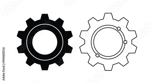 Two gears one solid black and one outlined isolated on white