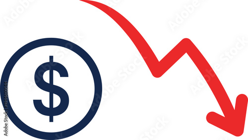 Dark blue dollar sign coin with a sharp red downward trending arrow money finance economy