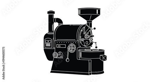A detailed black and white illustration of a vintage coffee roaster machine