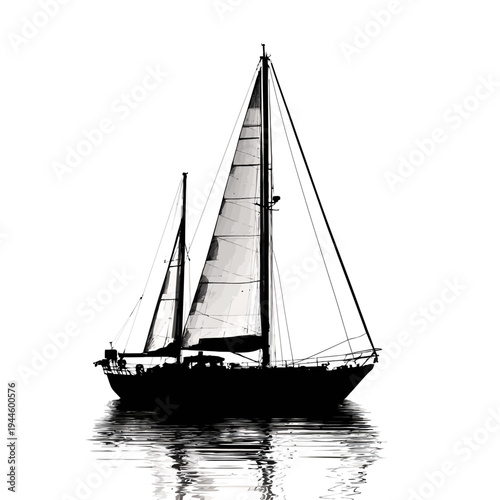 Silhouette of a sailboat sailing on the water with reflections against white background.