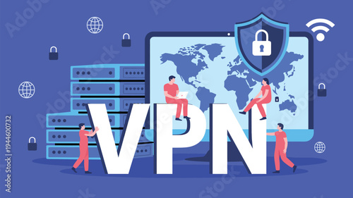 VPN security technology concept with people protecting global network and data privacy, virtual private network cybersecurity vector illustration