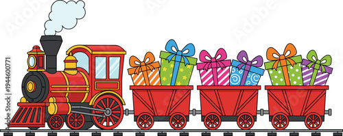 Cartoon gift train illustration, festive locomotive carrying colorful presents, cheerful holiday celebration design, playful children’s clipart concept