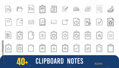 Document and clipboard outline icon set for business, file management, and office tasks