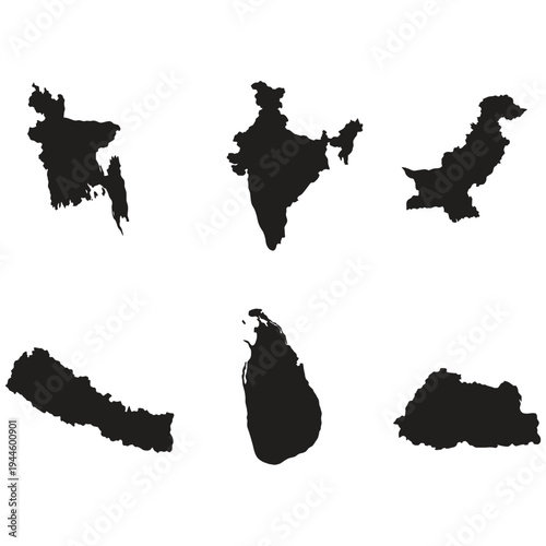 Silhouettes of India, Pakistan, Nepal, Sri Lanka, and Bangladesh on a white background.
