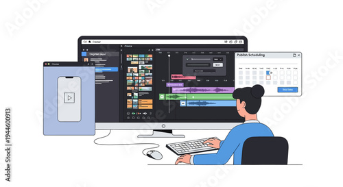 Man Working on Computer with Multiple Screens.