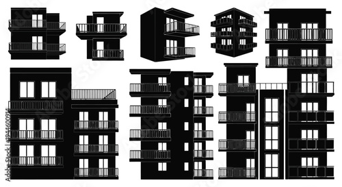 Collection of black silhouette building facades with balconies and windows