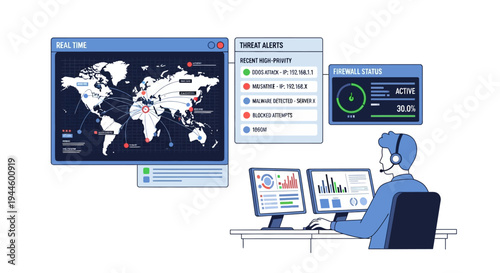 Man working on computer screens.