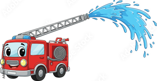 Cartoon fire truck illustration, smiling vehicle spraying water with ladder, playful firefighting character design, children’s educational clipart