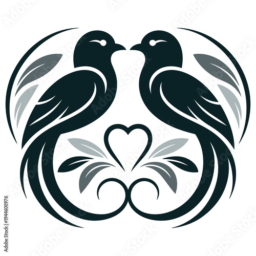 Two doves sharing a heart with intertwined foliage in elegant monochrome design