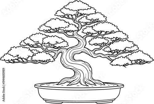 Simple black and white bonsai tree illustration in a pot