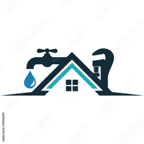 Plumbing maintenance illustration featuring a house with faucet and wrench icons