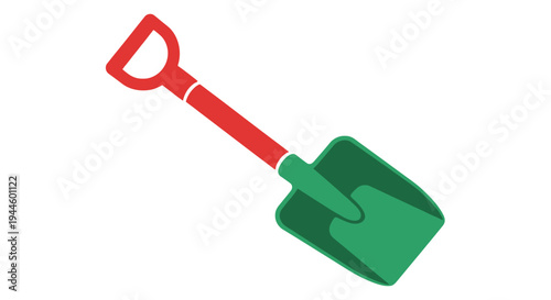 A colorful illustration depicting a garden shovel with a red handle