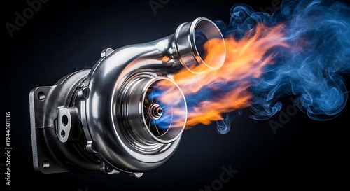 Shiny metal turbocharger with orange and blue flames against a dark background, showing exhaust
