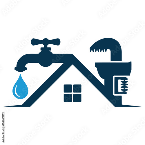 Plumbing tools and fixtures integrated into a stylized house shape