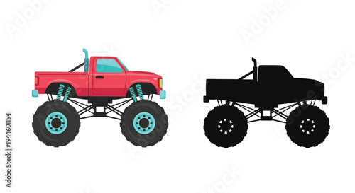 Cartoon monster truck illustration with a color and silhouette version