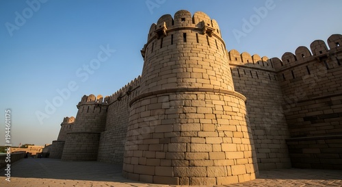 Ancient rajasthan fort wall architecture featuring massive stone bastion towers under clear blue sky during golden hour photography showcasing historic indian military fortification engineering
