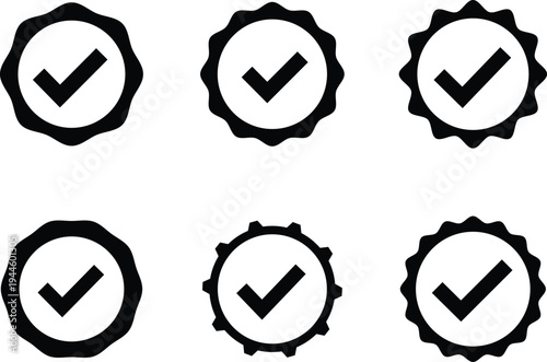 Six black check mark in circular badges on white background tick approved accepted