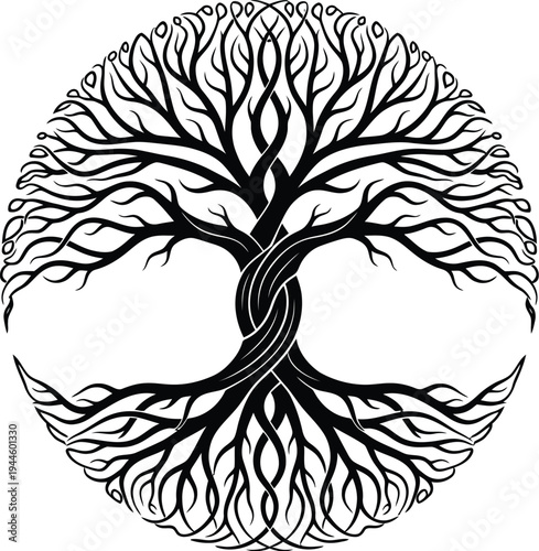Beautifully illustrated tree with twisted trunk and flowing branches artwork design