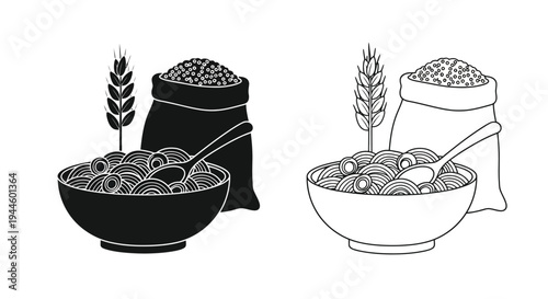 Illustration of grain sacks wheat stalks and bowls of seeds