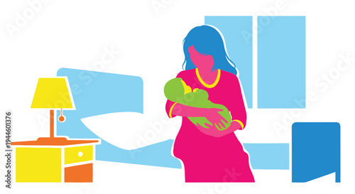 A mother lovingly cradles her newborn baby in a brightly colored room