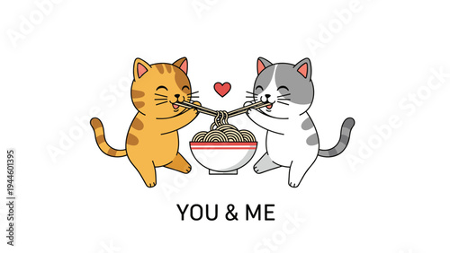 Pair of cute orange and grey cats sharing a bowl of noodles together with a romantic heart for a joyful message.