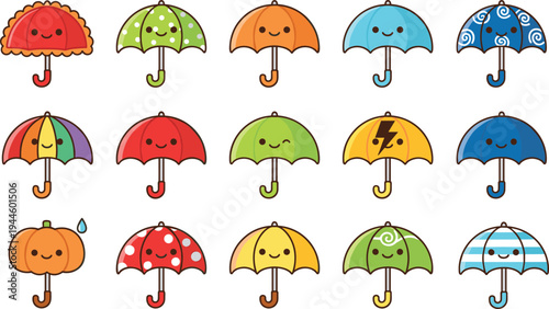 Cartoon umbrellas illustration set, colorful designs with smiling faces, playful weather accessories, whimsical educational clipart collection