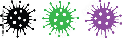Three stylized virus in black green and purple on white background symbol health medical disease
