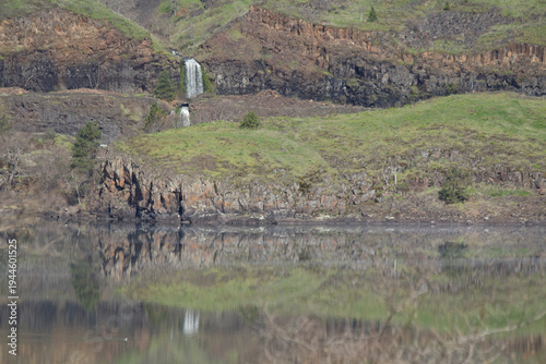 Eastern Columbia River Gorge Waterfalls with Reflection in River