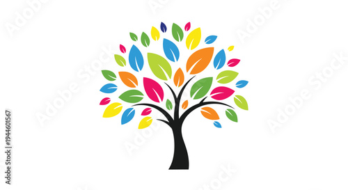 Colorful tree illustration with vibrant leaves and a dark silhouette