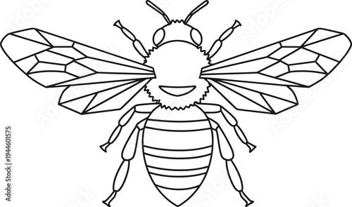 Simple black and white line drawing of a happy cartoon bee flying