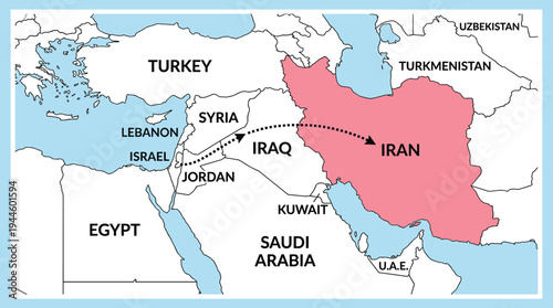 Geopolitical map of the Middle East showing strategic flight path trajectory from Israel across Jordan and Iraq toward Iran.