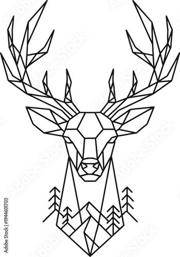 Geometric deer head illustration with antlers and mountains in background