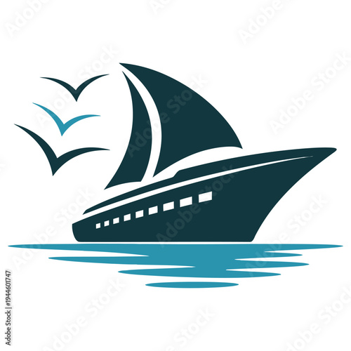 Sleek sailboat gliding on calm waters with seagulls flying nearby