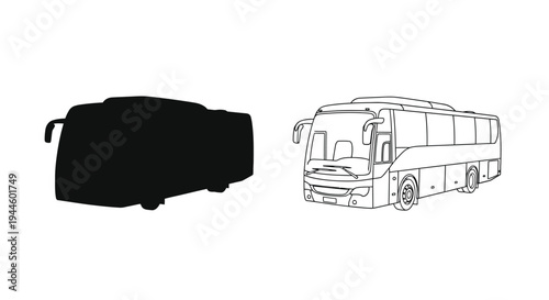 Two bus depictions one a silhouette the other a line drawing