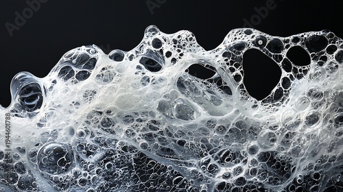 Abstract close-up of frothy, bubbly texture against dark background.  Intricate network of air pockets