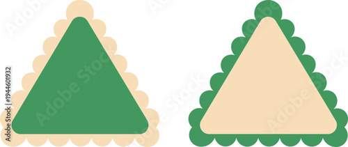 Two triangular shapes with scalloped borders in green and beige triangle geometric