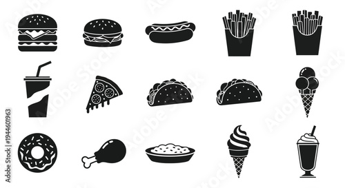 Black silhouette icons of various fast foods and sweet treats