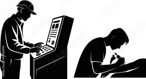 Industrial machine operator silhouette, tattoo artist illustration, precision work, creative profession concept