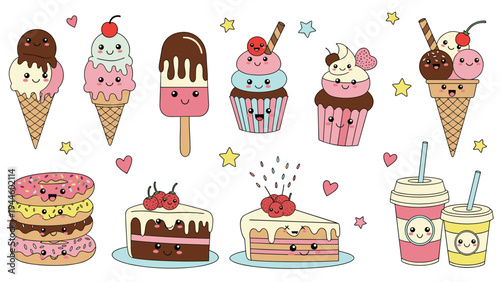 Kawaii collection of sweet dessert characters featuring ice cream cones, popsicles, cupcakes, donuts, and cake slices with happy smiling faces.