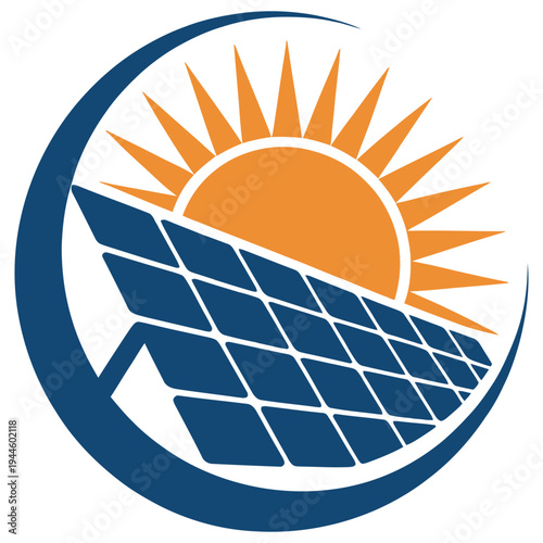 Solar energy symbol with rising sun and photovoltaic panel illustration